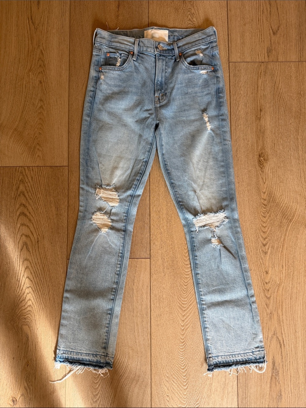 MOTHER Light Blue Distressed Ankle Jeans